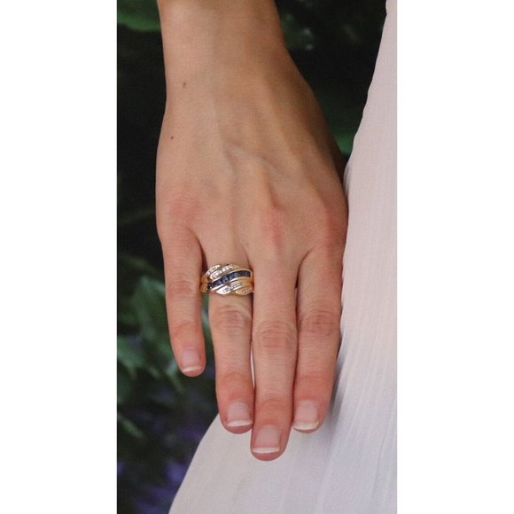 10k Yellow Gold Natural Blue Sapphire and Diamond Band Ring Size 8 1/4 - Picture 2 of 7